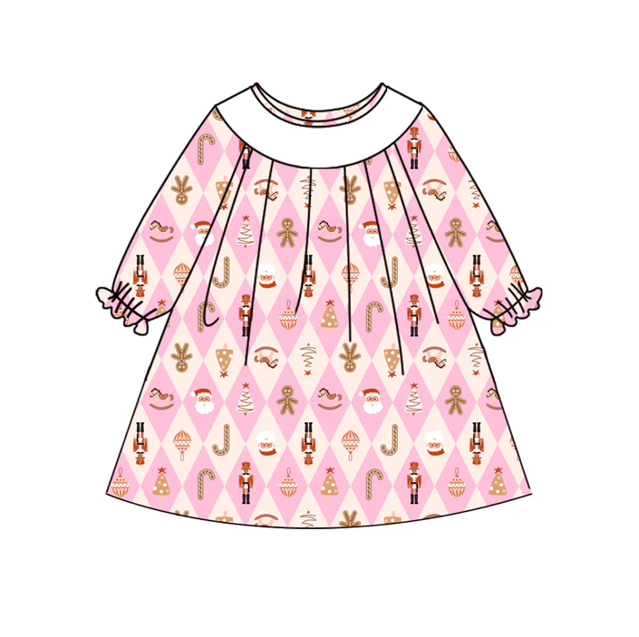 6.27 Preorder (moq 5)Baby Girls Pink Long Ruffle Sleeves Trees Gingerbread Knee Length Dresses