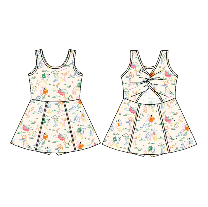 6.27 Preorder (moq 5)Baby Girls Sleeveless Dogs Balls Skorts Knee Length Dresses