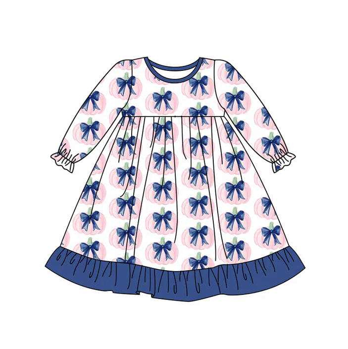 6.27 Preorder (moq 5)Baby Girls Long Ruffle Sleeves Blue Bows Pumpkins Knee Length Dresses