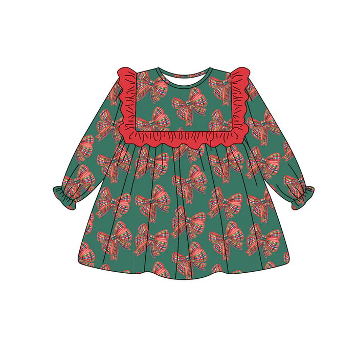 6.27 Preorder (moq 5)Baby Girls Green Long Ruffle Sleeves Plaid Bows Knee Length Dresses