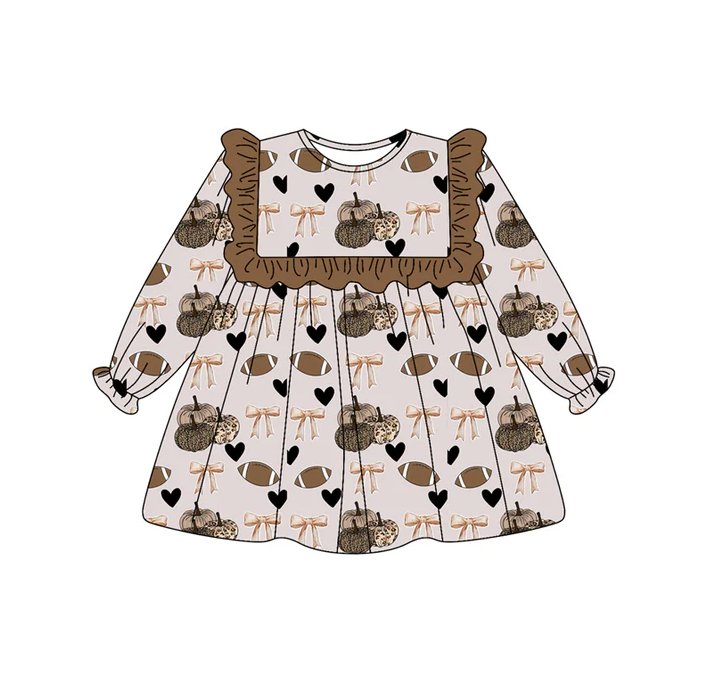 6.27 Preorder (moq 5)Baby Girls Lavender Long Ruffle Sleeves Bows Pumpkins Hearts Knee Length Dress