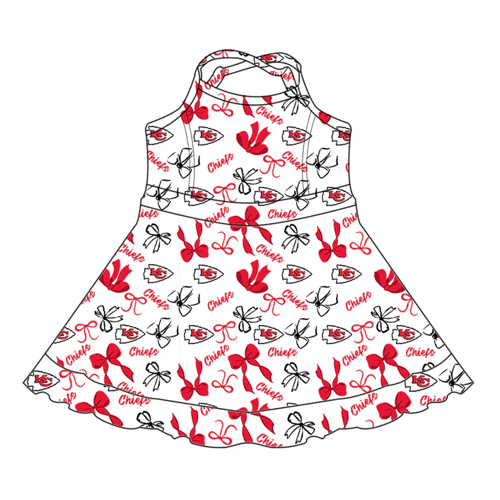 6.30 Preorder (moq 5)Baby Girls Strap Red Bows Plaid KC Shorts Ruffle Team Knee Length Dresses