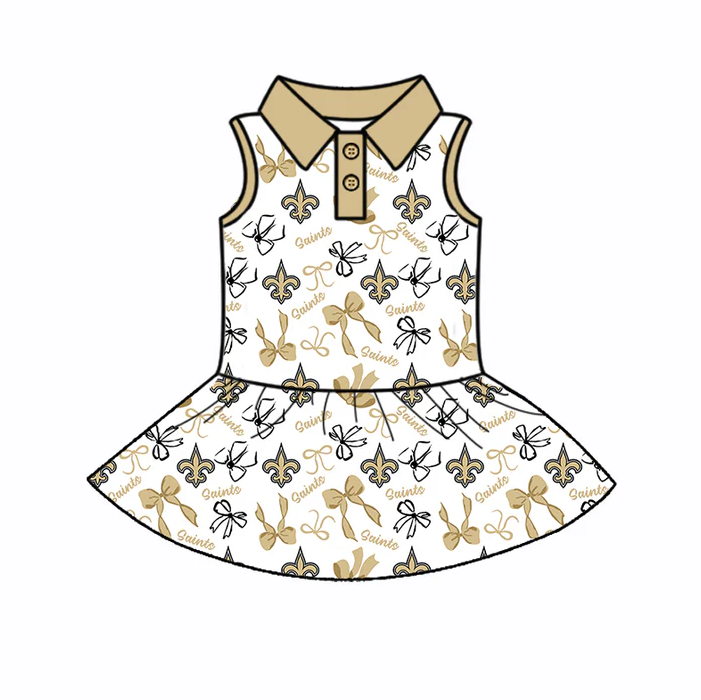 6.30 Preorder (moq 5)Baby Girls Yellow Sleeveless Bows Plaid Saints Button Team Knee Length Dresses