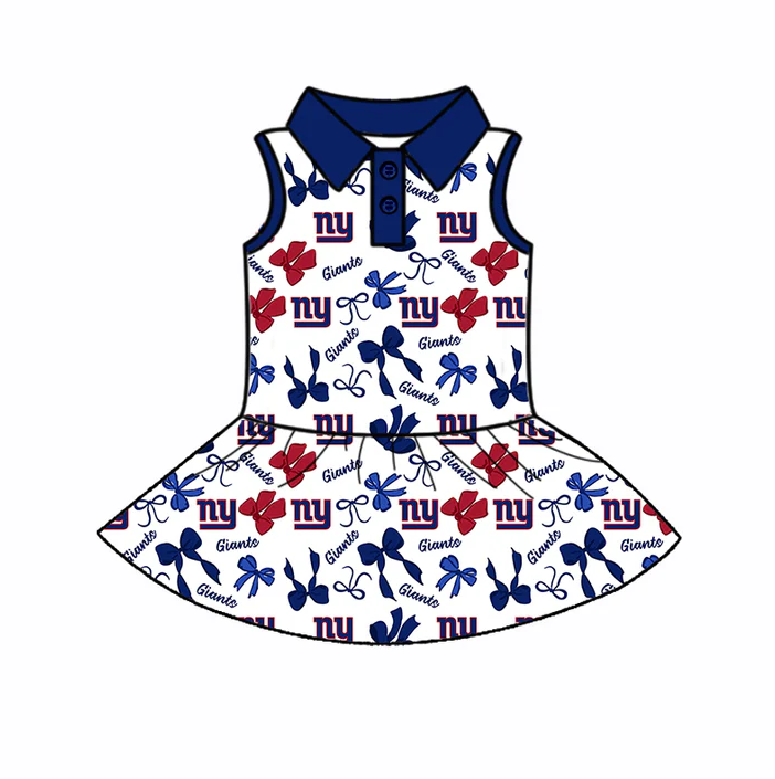 6.30 Preorder (moq 5)Baby Girls Sleeveless Bows Plaid NY Giants Button Team Knee Length Dresses