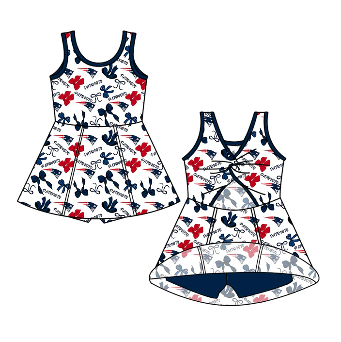 6.30 Preorder (moq 5)Baby Girls Sleeveless Bows Plaid Patriots Shorts Team Knee Length Dresses