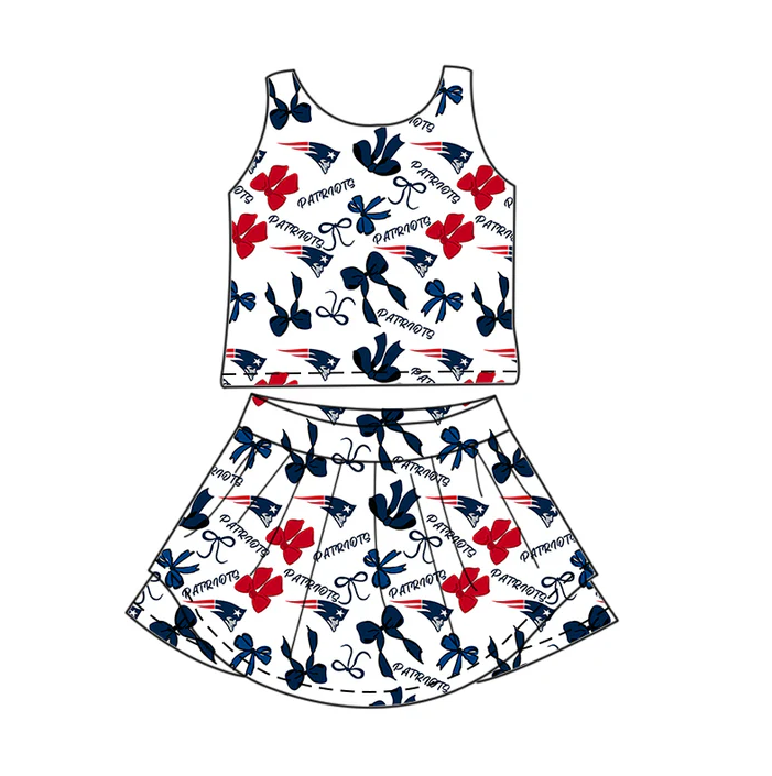 6.30 Preorder (moq 5)Baby Girls Sleeveless Bows Plaid Patriots Top Skorts Team Set