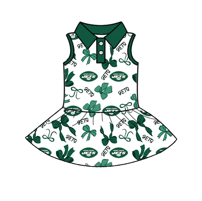 7.1 Preorder (moq 5)Baby Girls Green Sleeveless Bows Plaid Jets Button Team Knee Length Dresses