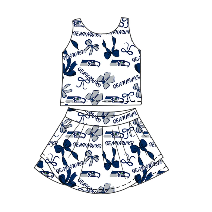 7.1 Preorder (moq 5)Baby Girls Blue Sleeveless Bows Plaid Seahawks Top Skorts Team Set