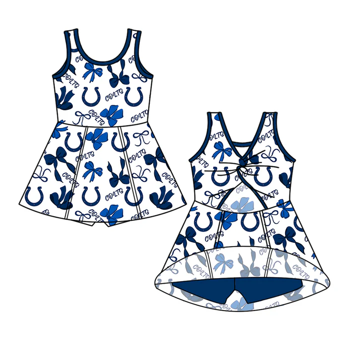 7.1 Preorder (moq 5)Baby Girls Blue Sleeveless Bows Plaid Colts Short Team Knee Length Dresses