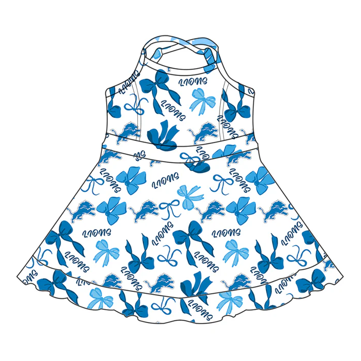 7.1 Preorder (moq 5)Baby Girls Blue Straps Lions Bows Plaid Ruffle Shorts Team Knee Length Dresses