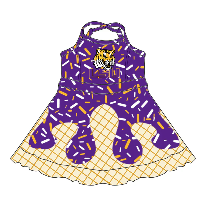 7.3 Preorder (moq 5)Baby Girls Strap Drip Purple LSU Shorts Ruffle Team Knee Length Dresses