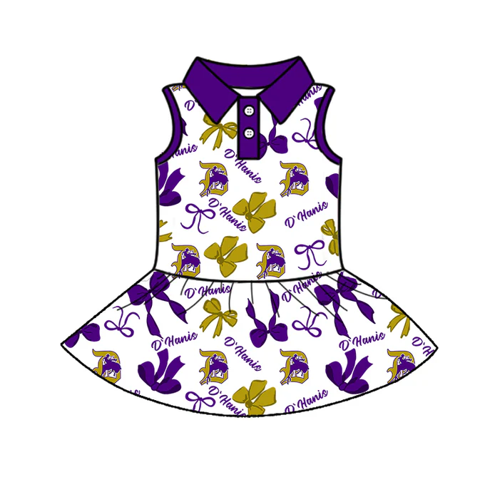 7.3 Preorder (moq 5)Baby Girls Purple Sleeveless Horse Rodeos Bows Plaid Button Team Knee Length Dresses