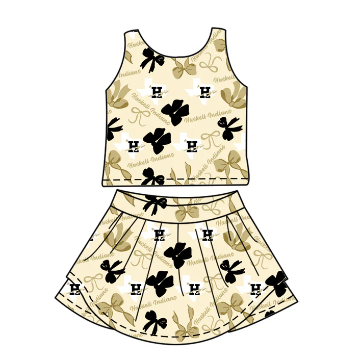 7.3 Preorder (moq 5)Baby Girls Sleeveless Haskell Indians Bows Plaid Top Skorts Team Set