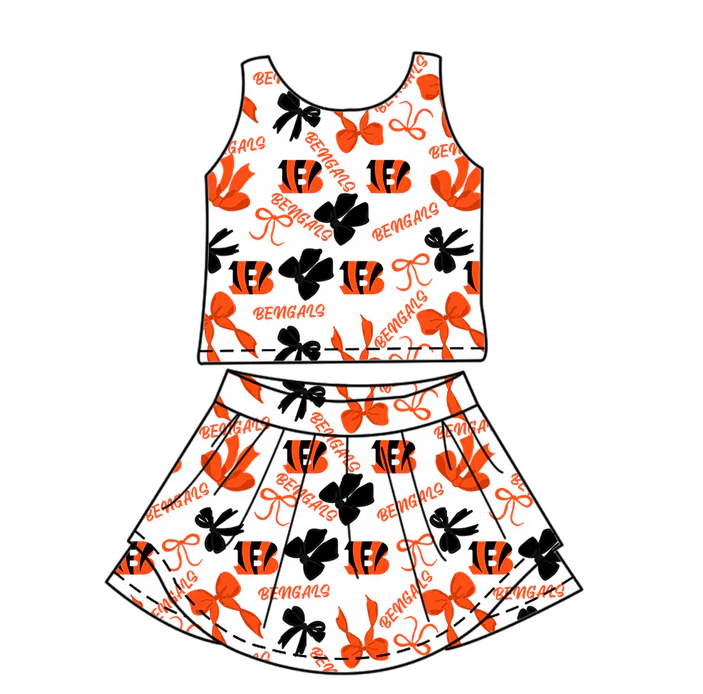 7.3 Preorder (moq 5)Baby Girls Red Short Sleeves Bengals Bows Plaid Top Skorts Team Set