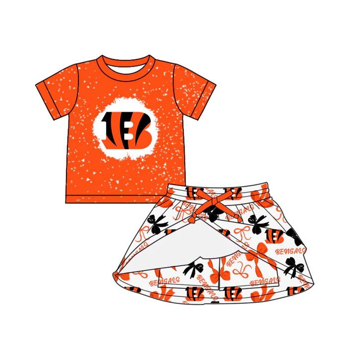 7.3 Preorder (moq 5)Baby Girls Red Short Sleeves Bengals Top Bows Plaid Skorts Team Set