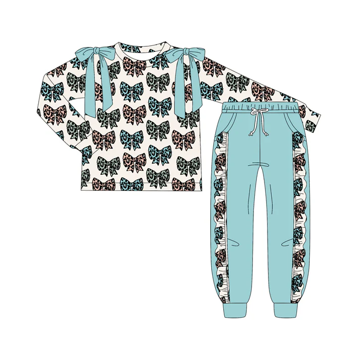 7.4 Preorder (moq 5)Baby Girls Long Sleeves Leopard Bows Plaid Top Pockets Pant Clothes Set