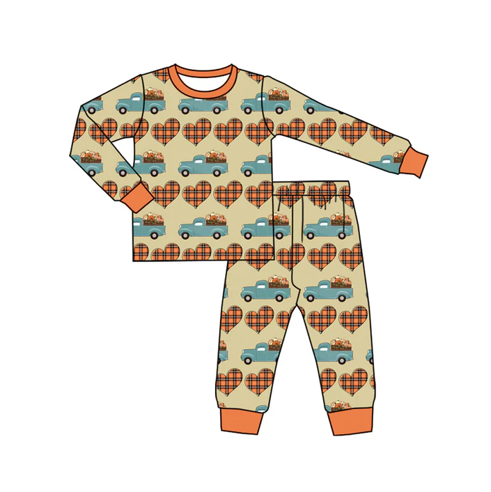 7.4 Preorder (moq 5)Baby Boys Long Sleeves Plaid Hearts Truck Pumpkins Top Pant Pajamas Set