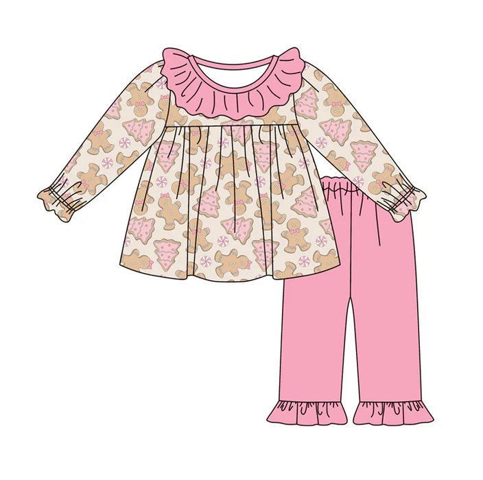 7.4 Preorder (moq 5)Baby Girls Long Sleeves Pink Candy Gingerbread Tunic Ruffle Pant Clothes Set