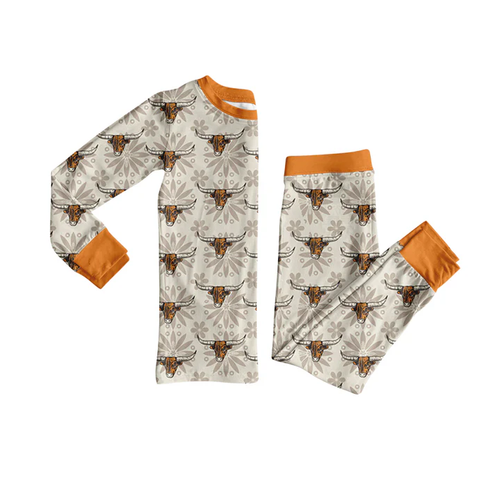 7.4 Preorder (moq 5)Baby Girls Long Sleeves Flower Bull Skull Plaid Top Pant Pajamas Clothes Set