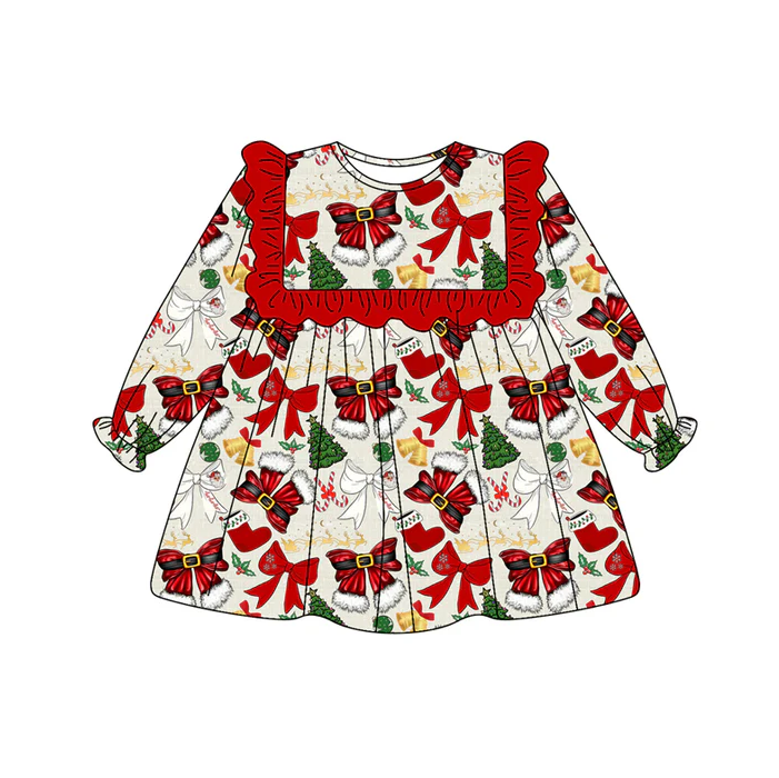 7.5 Preorder (moq 5)Baby Girls Long Ruffle Sleeves Red Bows Trees Knee Length Dresses