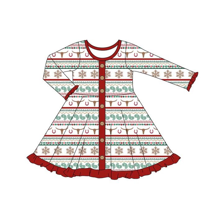 7.5 Preorder (moq 5)Baby Girls Long Ruffle Sleeves Bull Skull Aztec Button Knee Length Dresses