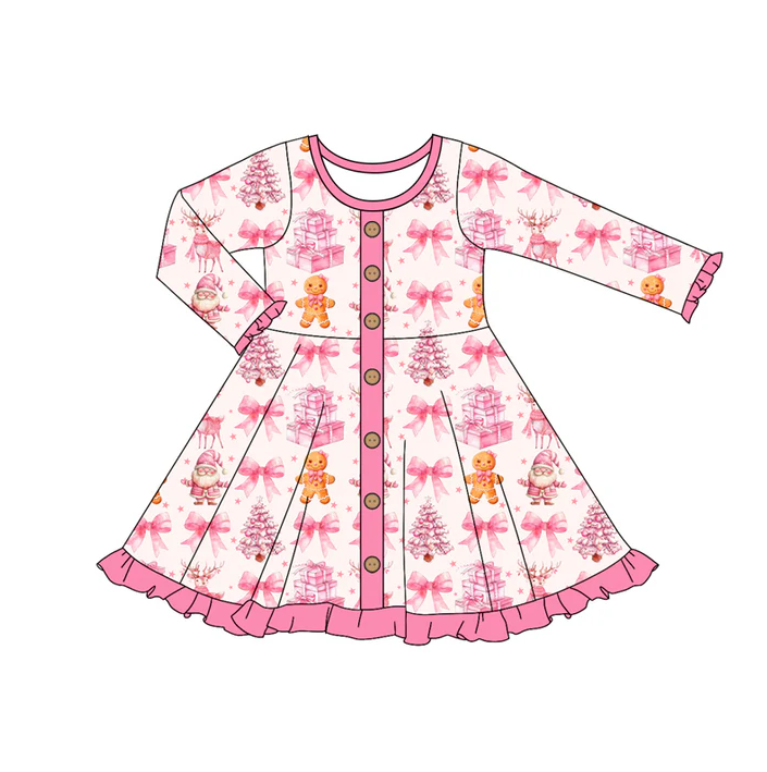 7.5 Preorder (moq 5)Baby Girls Long Ruffle Sleeves Pink Bows Gingerbread Button Knee Length Dresses