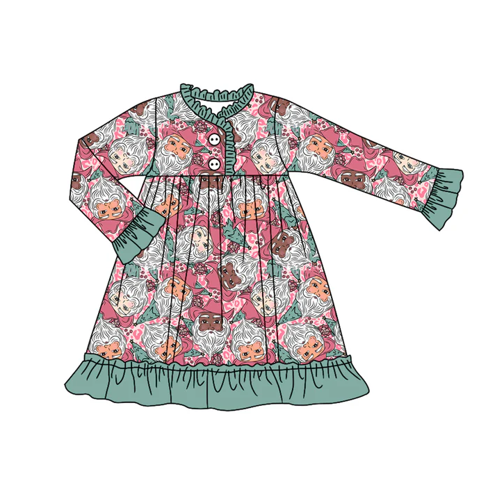 7.5 Preorder (moq 5)Baby Girls Long Ruffle Sleeves Green Leopard Santa Button Knee Length Dresses