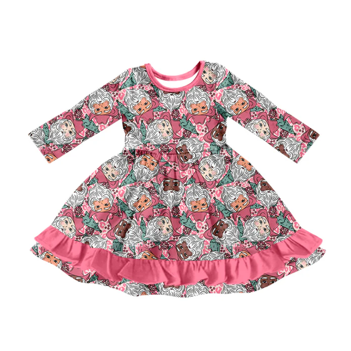 7.5 Preorder (moq 5)Baby Girls Long Sleeves Leopard Santa Plaid Pink Ruffle Knee Length Dresses