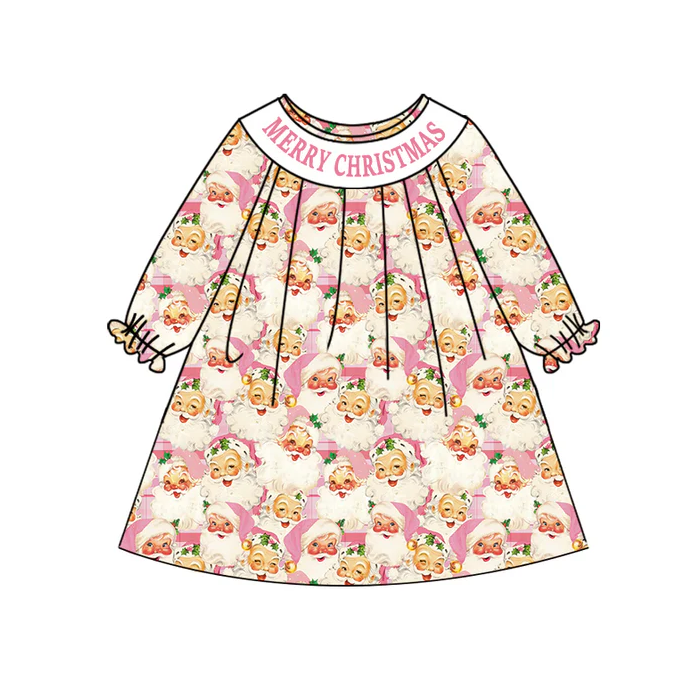 7.5 Preorder (moq 5)Baby Girls Long Ruffle Sleeves Pink Merry Christmas Santa Knee Length Dress