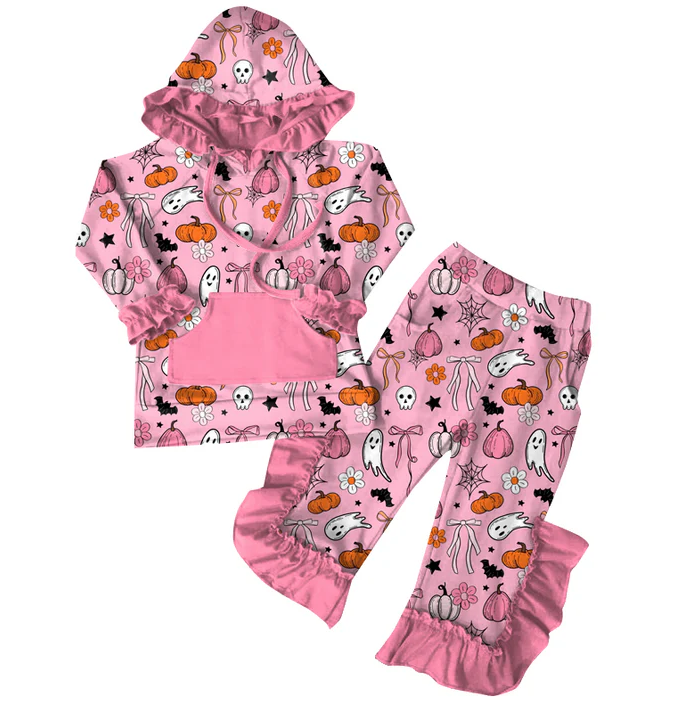 7.5 Preorder (moq 5)Baby Girls Long Sleeves Pink Ghost Pumpkins Pockets Hoodie Ruffle Pant Clothes Set