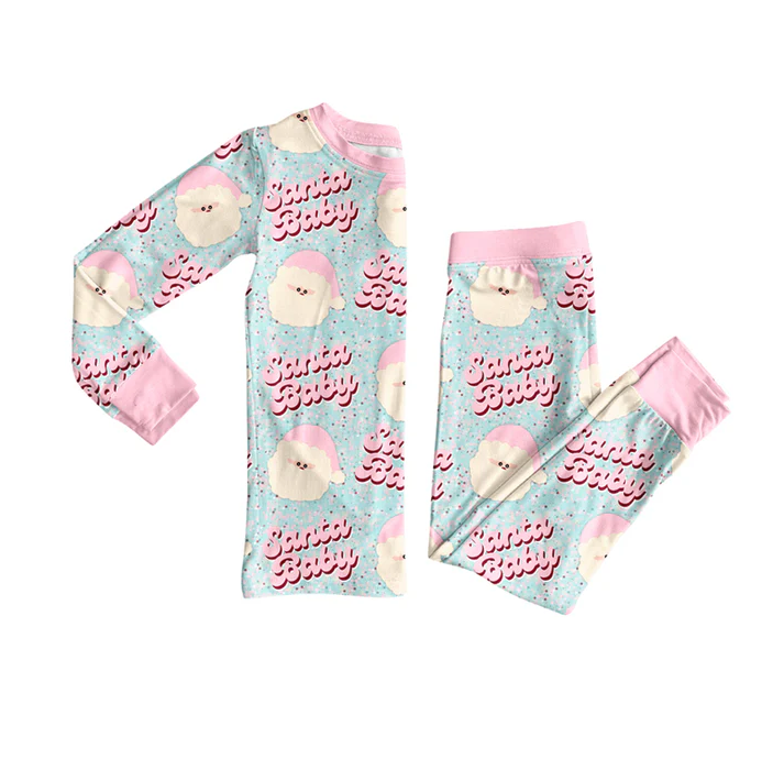 7.5 Preorder (moq 5)Baby Girls Long Sleeves Pink Santa Babe Top Pant Pajamas Clothes Set