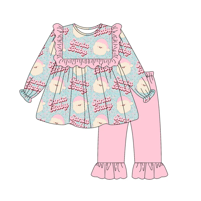 7.7 Preorder (moq 5)Baby Girls Long Sleeves Pink Santa Babe Tunic Ruffle Pant Clothes Set