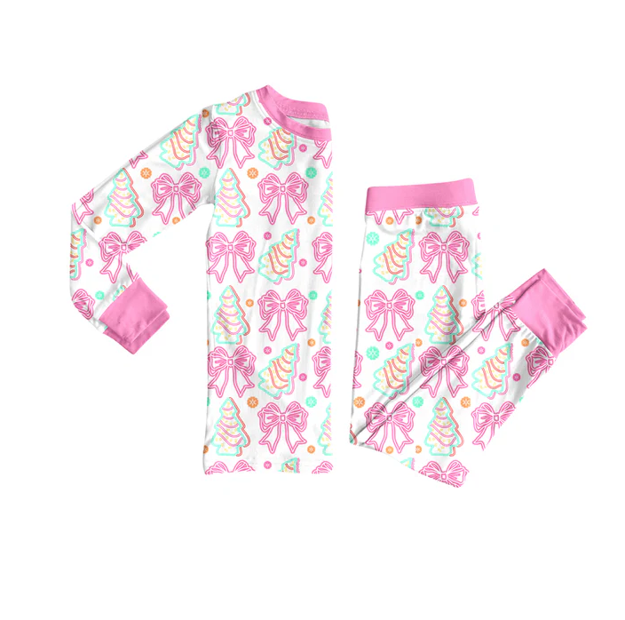 7.7 Preorder (moq 5)Baby Girls Long Sleeves Pink Bows Trees Top Pant Pajamas Clothes Set