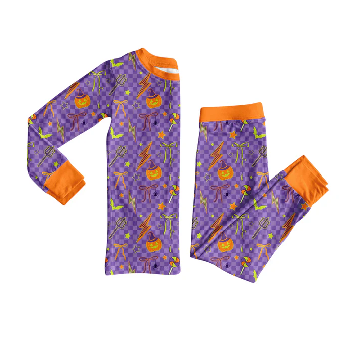 7.7 Preorder (moq 5)Baby Boys Long Sleeves Purple Ghost Pumpkins Top Pant Pajamas Clothes Set