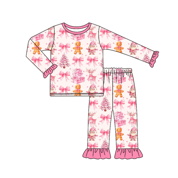7.7 Preorder (moq 5)Baby Girls Long Sleeves Pink Bows Gingerbread Top Ruffle Pant Pajamas Clothes Set
