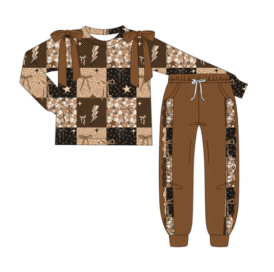 7.7 Preorder (moq 5)Baby Girls Long Sleeves Brown Bows Stars Top Pockets Pant Clothes Set