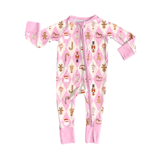 7.8 Preorder (moq 5)Baby Girls Long Sleeves Pink Santa Gingerbread Soldiers Plaid Zipper Romper