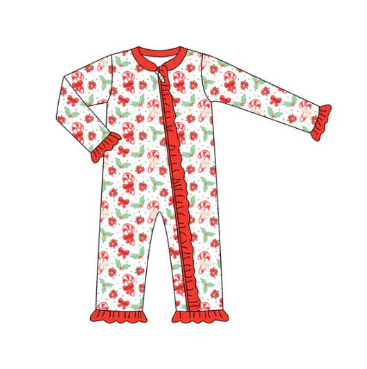 7.9 Preorder (moq 5)Baby Girls Long Sleeves Red Holly Bows Candy Cane Ruffle Zipper Romper