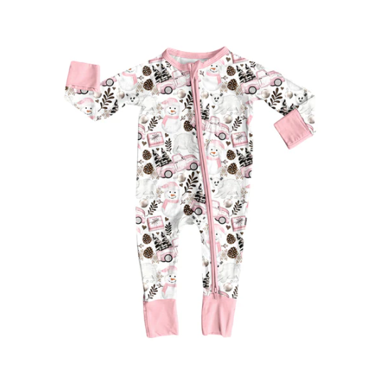 7.10 Preorder (moq 5)Baby Girls Long Sleeves Pink Snowman Trees Trucks Zipper Romper