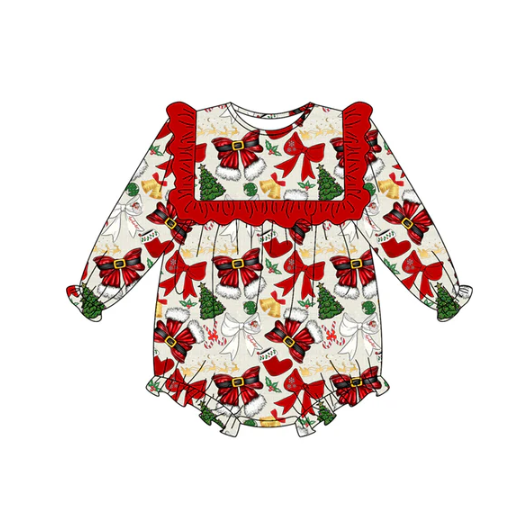 7.10 Preorder (moq 5)Baby Girls Long Sleeves Red Bows Trees Holly Plaid Ruffle Romper