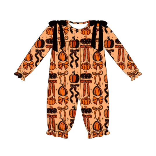 7.10 Preorder (moq 5)Baby Girls Long Sleeves Pumpkins Bows Plaid Ruffle Pant Romper