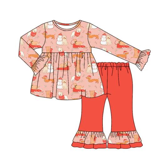 7.11 Preorder (moq 5)Baby Girls Peach Long Ruffle Sleeves Snowman Dogs Plaid Tunic Flare Pant Set