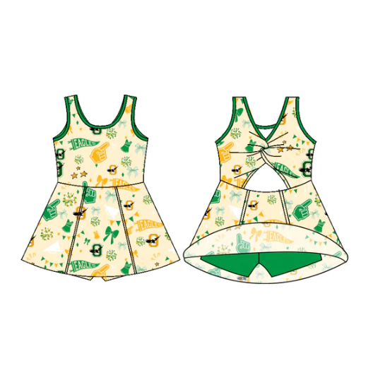 7.11 Preorder (moq 5)Baby Girls Sleeveless Green Eagles Bows Shorts Team Dresses