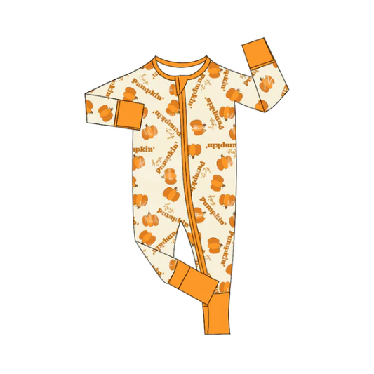 7.12Preorder moq 5 Baby Infant Boys Long Sleeves Yellow Pumpkins Plaid Zipper Romper