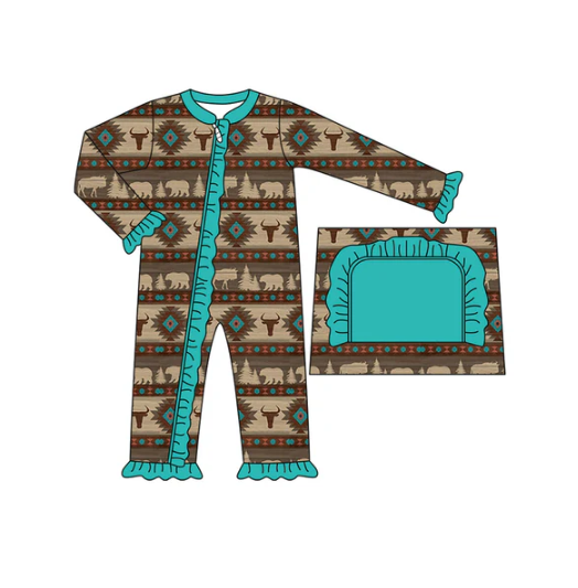 7.15 Preorder moq 5 Baby Infant Girls Long Sleeves Bull Skull Aztec Stripes Ruffle Zipper Romper