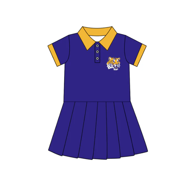 7.16 Preorder (moq 5)Baby Girls Purple Short Sleeves Button Tigers Team Shorts Knee Length Dresses