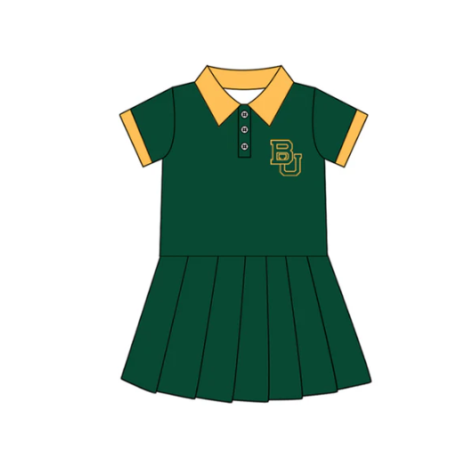 7.16 Preorder (moq 5)Baby Girls Green Short Sleeves Button BU Team Shorts Knee Length Dresses