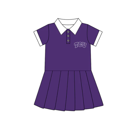 7.16 Preorder (moq 5)Baby Girls Purple Short Sleeves Button TCU Team Shorts Knee Length Dresses