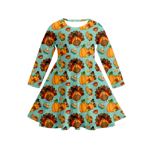 7.17 Preorder (moq 5)Baby Girls Long Sleeves Pumpkins Pie Turkey Plaid Knee Length Dresses