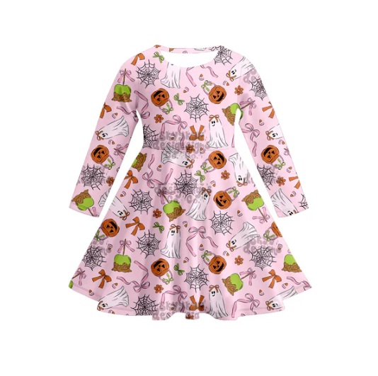 7.17 Preorder (moq 5)Baby Girls Long Sleeves Pink Bows Ghost Pumpkins Plaid Knee Length Dresses